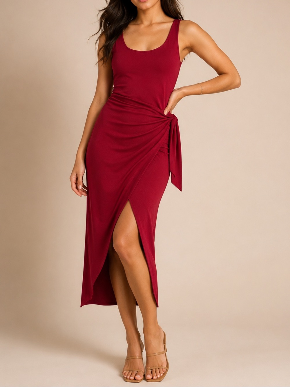 Senllen Red Wrap Midi Dress Side Tie Front Slit Sleeveless Size Large